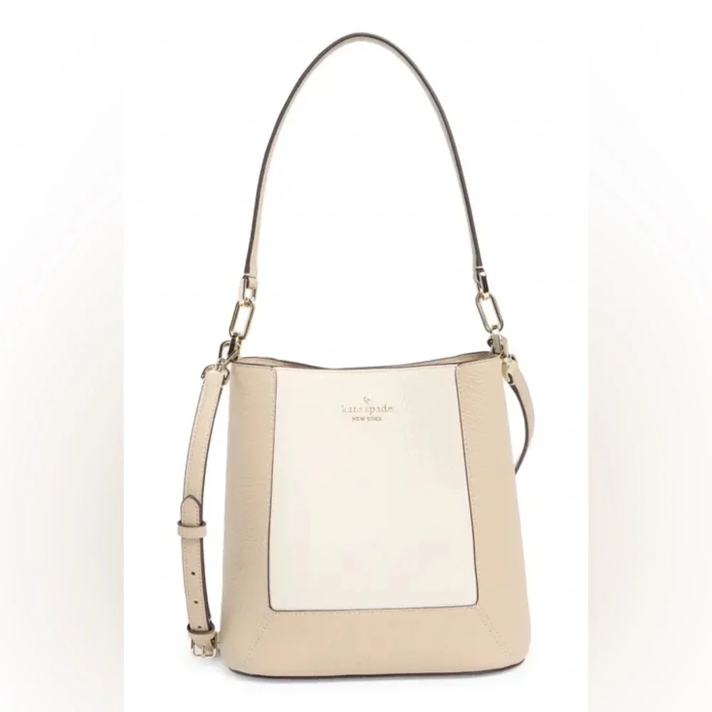 Kate Spade New York Lena Tan White Leather Colorblock Bucket Bag - Picture 2 of 13